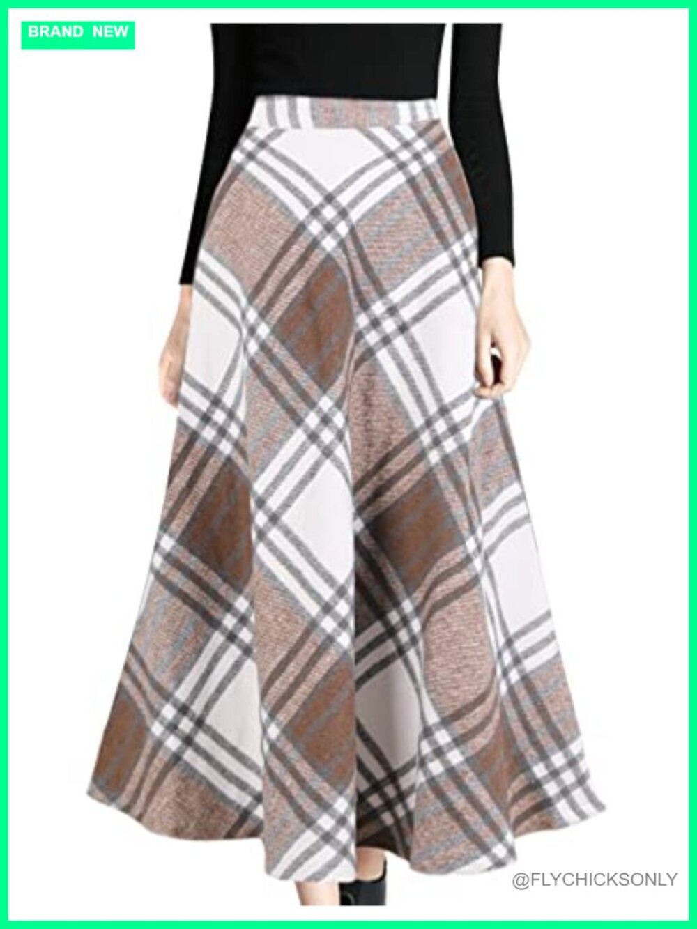 Wool Blend Plaid A-Line Midi Skirt High Waist Pleated